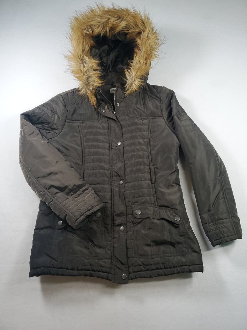 Charlotte Russe Woman Large Blackish Green Parka Coat Hooded Faux Fur No Belt
